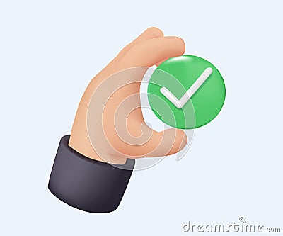 Hand holding checkmark symbol 3D vector. Checkmark right vector icon. Green checklist vector design. Checkmark icon Vector Illustration