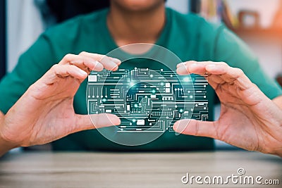 Hand holding Circuit board technology, processor chip. graphic for abstract data circuit line of server internet speed. Futuristic Stock Photo