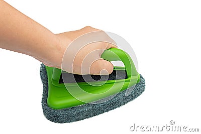 Hand holding and cleaning with brush scrubber isolated white background Stock Photo
