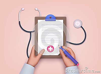 Hand holding clipboard with checklist and pen for medical report, presentation, web page banner. 3D Web Vector Illustrations Vector Illustration