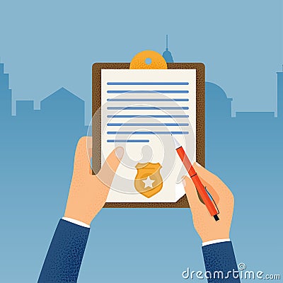 Hand holding clipboard with checklist and pen for police report. Traffic, parking fine, citation, crime report, problems with Vector Illustration