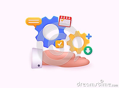 Hand holding cogwheel gear, setting symbol. Technical support, repair, optimization and workflow concept. 3D Web Vector Vector Illustration