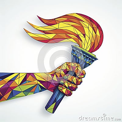 Hand holding colorful olympic torch flame form lines triangles background with copy space. ai generative Stock Photo