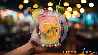Hand holding a colorful tropical cocktail adorned with lemon and berries, with a backdrop of glowing bokeh lights in a vibrant bar Stock Photo
