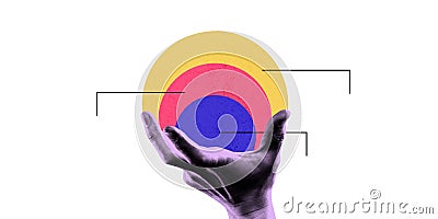 hand holding concentric colorful circles with lines pointing to them, representing focus, strategy, and layered approach Stock Photo