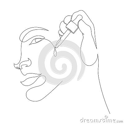 Hand holding cosmetic vial with pipette next to female face. Continuous one line drawing of decorative cosmetics for Vector Illustration