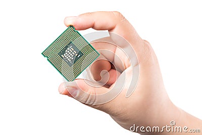 Hand holding CPU microchip computer processor isolated on white background Stock Photo