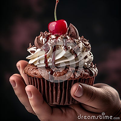 Hand holding a creamy chocolate cupcake with a juicy cheery on top over dark maroon background, close up. Hand holding cupcake. Stock Photo