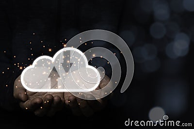 Hand holding creative cloud computer with blue bokeh background.Cloud computing is system for sharing download and upload Stock Photo