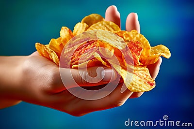 Hand holding a crisp, fresh chip, with vibrant colors and textures that emphasize its crunchy and savory qualities. Generative AI Stock Photo