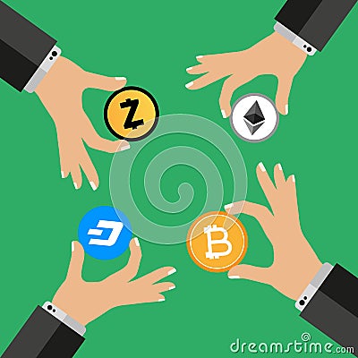 Hand holding cryptocurrency, bitcoin, dashcoin, zcash, ethereum Vector Illustration