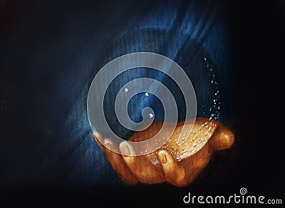 Hand holding crystal ball. Detail from my own reproduction of Leonardo DaVinci painting Saviour of the World. Stock Photo