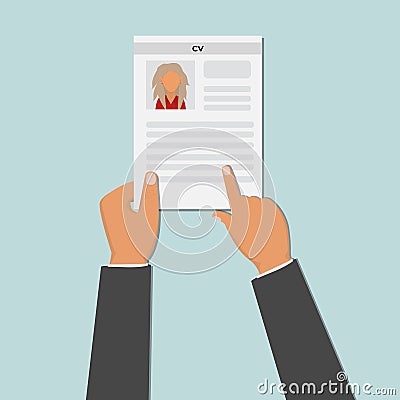 Hand holding cv resume document. Job agency. Applying for job. Recruiter concept. Vector Cartoon Illustration