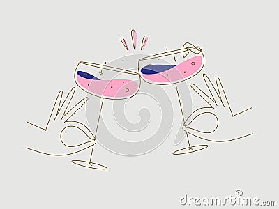 Hand holding daiquiri clink glasses beige Vector Illustration
