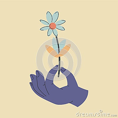 Hand holding daisy, chamomile or mayweed flower Vector Illustration