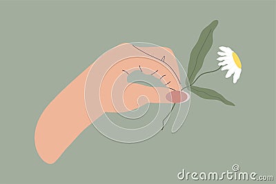 A hand holding a daisy. Illustration of a daisy. A fashionable cartoon hand holding a daisy on a green background. Modern Vector Illustration