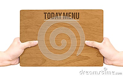 Hand holding dark brown wood signboard with Today Menu word isolated on white background,Food Business concept Stock Photo
