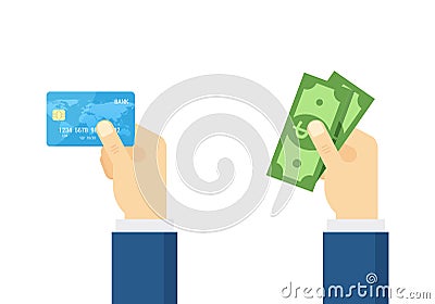 Hand holding debit credit card and cash - illustration. Cartoon Illustration