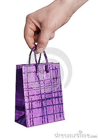 Hand holding decorative lilac bag Stock Photo