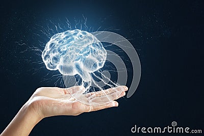 Hand holding digital brain Stock Photo