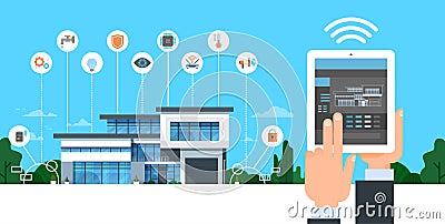 Hand Holding Digital Tablet With Smart Home System Control Interface Modern House Automation Concept Vector Illustration