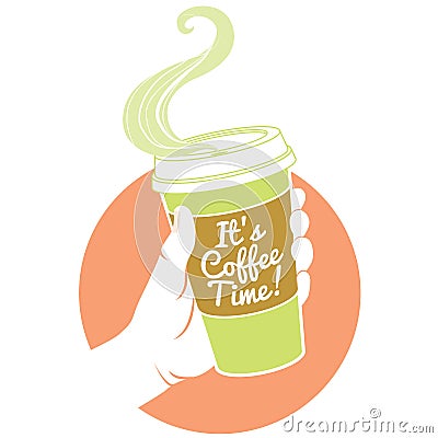 Hand holding dispossable coffee cup. Cardboard cover with text Vector Illustration