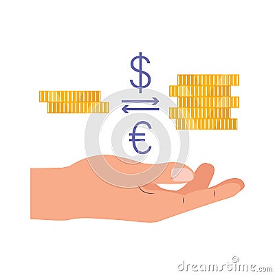 Hand holding diverse pile of coins, unity of euros and dollars in financial harmony Vector Illustration