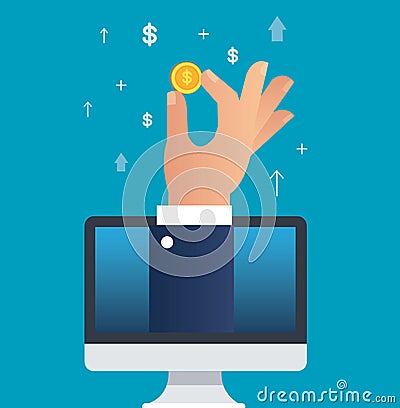 Hand holding dollar coin through computer vector illustration, business concept Vector Illustration