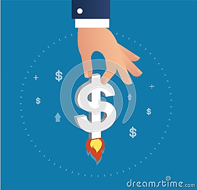 Hand holding dollar icon rising as a rocket increase value on international financial markets symbol, business concept Vector Illustration