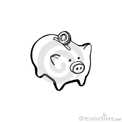 Hand holding a hand drawn vector piggy bank, vector icon. Vector Illustration