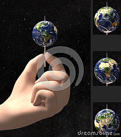 Hand holding Earth on toothpick Stock Photo