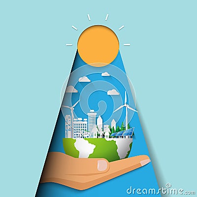 Hand holding eco city and cityscape concept paper cut design Vector Illustration