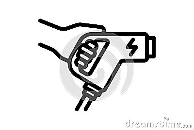 Hand holding electric charger connector line black icon. Electrical transportation energy charging plug symbol. Eco Vector Illustration