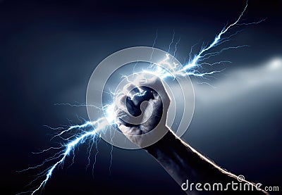 Hand holding a electricity lightning bolt. Blue glow. Closed fist. Stormy sky. Dark background. Isolated. Stock Photo