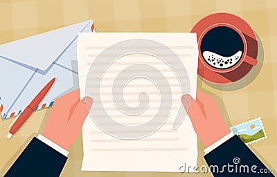 Hand holding envelope. Correspondence paper letter and stamps, coffee cup and pen on table, postal mailing preparation Vector Illustration