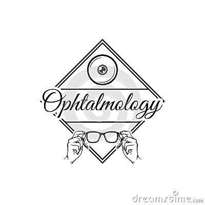 Eye icon, eyeglasses. Ophthalmology inscription. Optics logo. Vector illustration Vector Illustration
