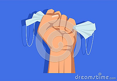 Hand holding face mask for inhalation of pollution on blue background, prevent the spread of viruses. Flat design. Concept of Stock Photo
