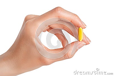 Hand holding Fish oil softgel capsules on white background. Omega 3 dietary supplement Stock Photo