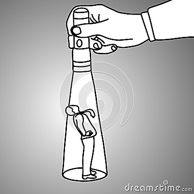 Hand holding a flashlight pointing at standing businessman looki Vector Illustration