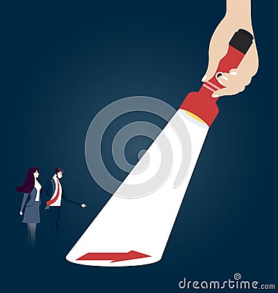 A hand holding a flashlight uncovering hidden arrow sign. Business concept vector Vector Illustration