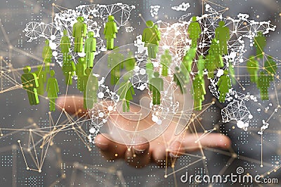 Hand holding floating green icons of people - a structure of world economy, communication, network Stock Photo