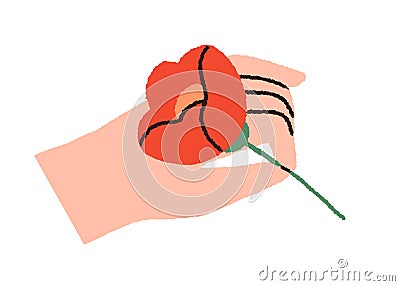 Hand holding flower, presenting spring floral plant. Single blossomed bloom in fingers, beautiful gentle delicate Vector Illustration