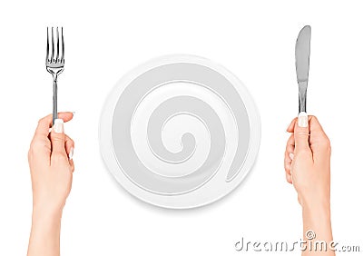Hand holding fork and knife with plate Stock Photo