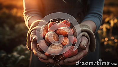Hand holding fresh homegrown organic yellow potatoes generated by AI Stock Photo