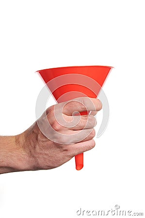 Hand holding a funnel Stock Photo