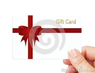 Hand holding gift card isolated over white Stock Photo