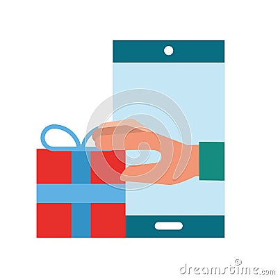 Hand holding gift smartphone online shopping Vector Illustration