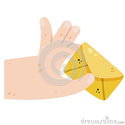 Hand holding and giving letter. Yellow postal envelope. Messaging and correspondence. Mail concept. Vector Illustration