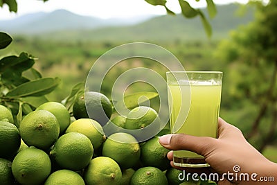 Hand holding a glass with freshly squeezed lime juice Stock Photo