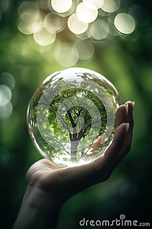 hand holding glass globe ball with tree growing and green nature blur background AI generated Stock Photo